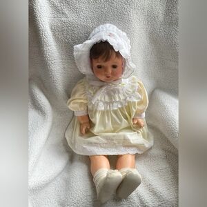 ANTIQUE 27" BABY doll CLOTHES Linen Dress and BONNET